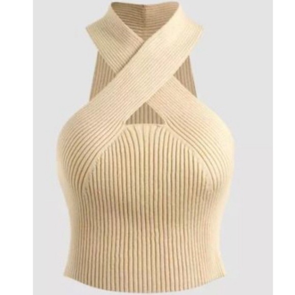 Cider Tops - EUC! Cider Beige Ribbed Knit Sleeveless Criss Cross
Halter Front Crop Top
